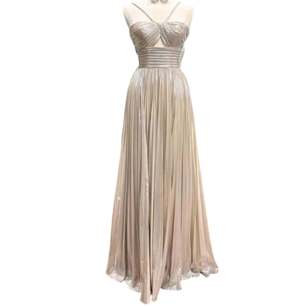 Metallic Keyhole Spaghetti Rhinestone Strap Long Pleated Prom Dress With Slit 14